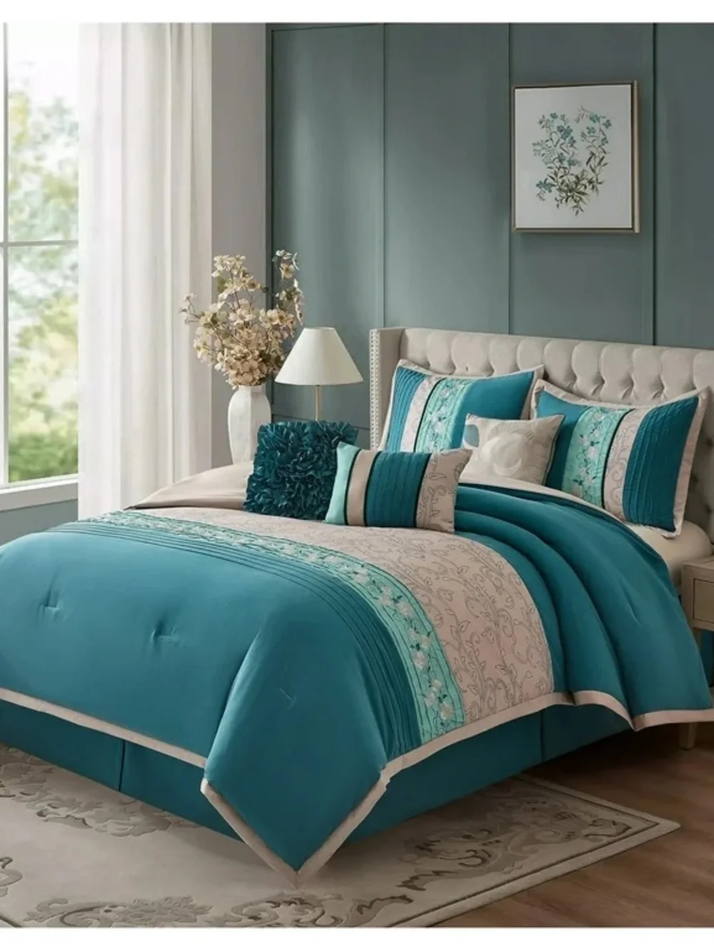 Teal and Cream Decorative Comforter Set - Elegant Home Bedding